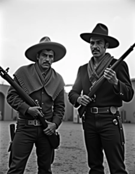 <lora:Mexican Noir Style-flux:1> mxnoirsty, black and white, dark, Duel at Dawn â Mexican Revolution Showdown (Captured with a Vintage Leica IIIC, Soft Morning Fog for Atmosphere)
Two revolutionaries, their sarapes draped over their shoulders, stand in a dusty town square as the first light of dawn spills over the rooftops. One adjusts his wide-brimmed sombrero, his leather gun belt tight across his chest, his pistol glinting in the dim light. The other, a former friend turned enemy, grips his rifle, his expression hard as stone. The quiet is heavy, only disturbed by the distant braying of a mule. Shot on a vintage Leica with a soft focus on the morning fog rolling in, the scene captures the inevitable tragedy of a brotherhood torn apart by war.