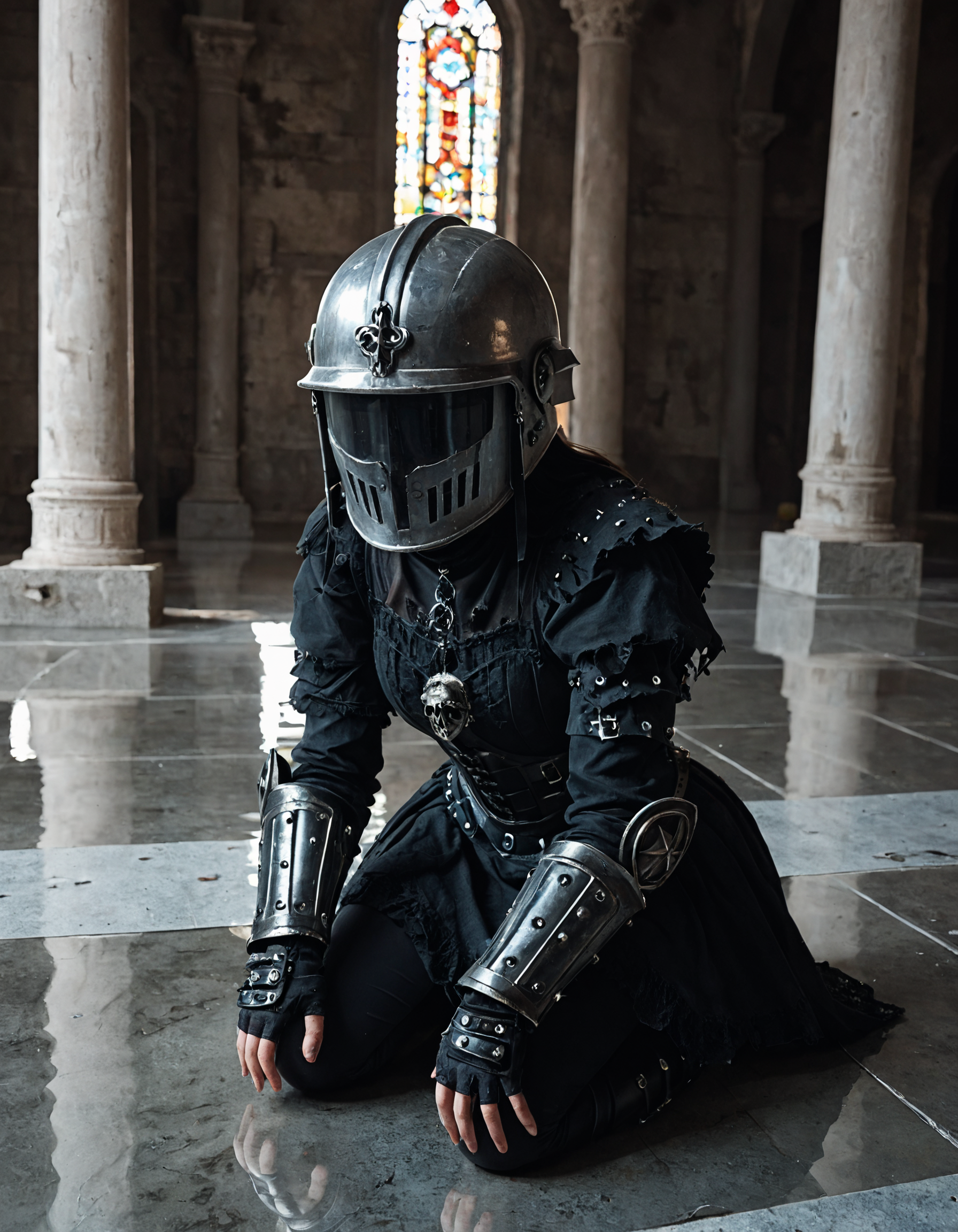 female gothic sexbomb knight, portrait, kneeling, defeated, tired, gothic armor, open helmet, temple, reflections, highly detailed, film grain