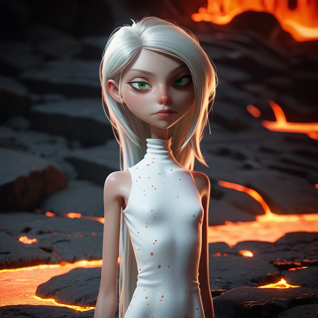 score_9, score_8_up, score_7_up, score_6_up, score_5_up, score_4_up, rating_questionable, source_cartoon, 1girl, mi_rage, very skinny, dress, lava background, white hair, green eyes,