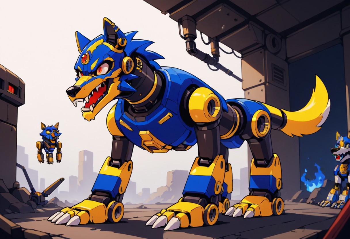 score_9, score_8_up, score_7_up, score_6_up, score_5_up, source_furry, view from below, no humans, thin waist, (yellow tail:1.2), friender, blue fire dog, blue armor, feral, (robot:1.8), robotic, black nose, red eyes, paws, claws, (wolf tail:1.2), friender, open mouth, (fangs:1.5), mechanical fortress