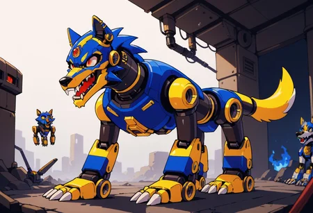 score_9, score_8_up, score_7_up, score_6_up, score_5_up, source_furry, view from below, no humans, thin waist, (yellow tail:1.2), friender, blue fire dog, blue armor, feral, (robot:1.8), robotic, black nose, red eyes, paws, claws, (wolf tail:1.2), friender, open mouth, (fangs:1.5), mechanical fortress