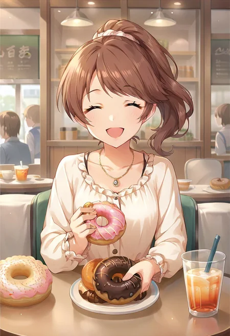 score_9, score_8_up, score_7_up, source_anime,shiina noriko, brown hair, brown eyes, doughnut, food, closed eyes, cafe, jewelry, ponytail, smile, necklace, cup, table, open mouth, sitting, pov across table