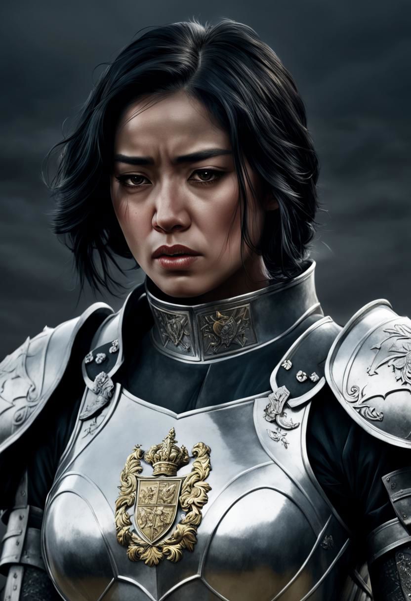 Illustration of a black-haired woman, upper body, she is wearing silvery armour with a heraldic coat of arms, she is crying, her head is tilted downwards, behind her battlefield, gloom, pain, horror, battlefield, war, war, soldiers fighting, (night:1.4), dark atmosphere, symmetrical eyes, fine details best quality, hyperdetailed face, (photorealistic:1. 4), (highest quality), (best shadow), high contrast