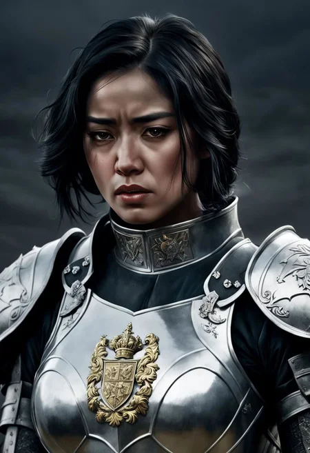 Illustration of a black-haired woman, upper body, she is wearing silvery armour with a heraldic coat of arms, she is crying, her head is tilted downwards, behind her battlefield, gloom, pain, horror, battlefield, war, war, soldiers fighting, (night:1.4), dark atmosphere, symmetrical eyes, fine details best quality, hyperdetailed face, (photorealistic:1. 4), (highest quality), (best shadow), high contrast
