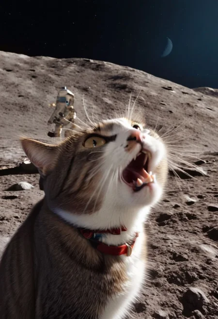 ASCII,masterpiece, hyper detailed, 8k, ray tracing, ultra sharp,
cinematic film still anime artwork, cfb ,close up of a surprised and shocked cat foreground, (a mission apollo on the moon background:1.3), vibrant, highly detailed, shallow depth of field,,cinemascope, moody, epic, gorgeous, film grain, grainy,meme,parody,deep black sky, apollo_style
