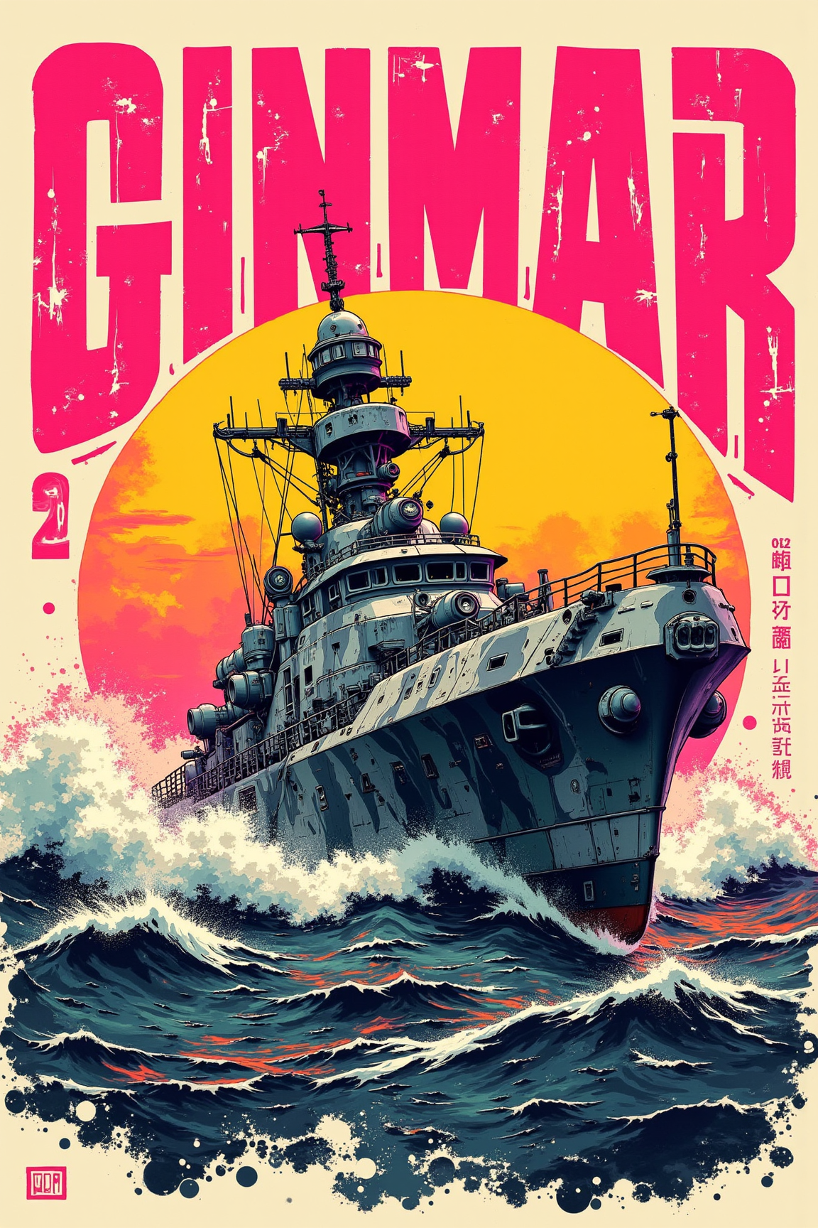 Manga style Poster with bold large fonts and graphics, An ink wash painting, gradient vibrant neon color, rough, textural, broad brush strokes, a sleek military gunboat in camouflage grays and blacks traversing rapidly across a choppy ocean, sunset.