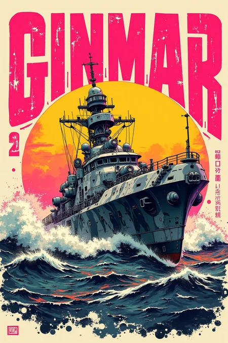Manga style Poster with bold large fonts and graphics, An ink wash painting, gradient vibrant neon color, rough, textural, broad brush strokes, a sleek military gunboat in camouflage grays and blacks traversing rapidly across a choppy ocean, sunset.