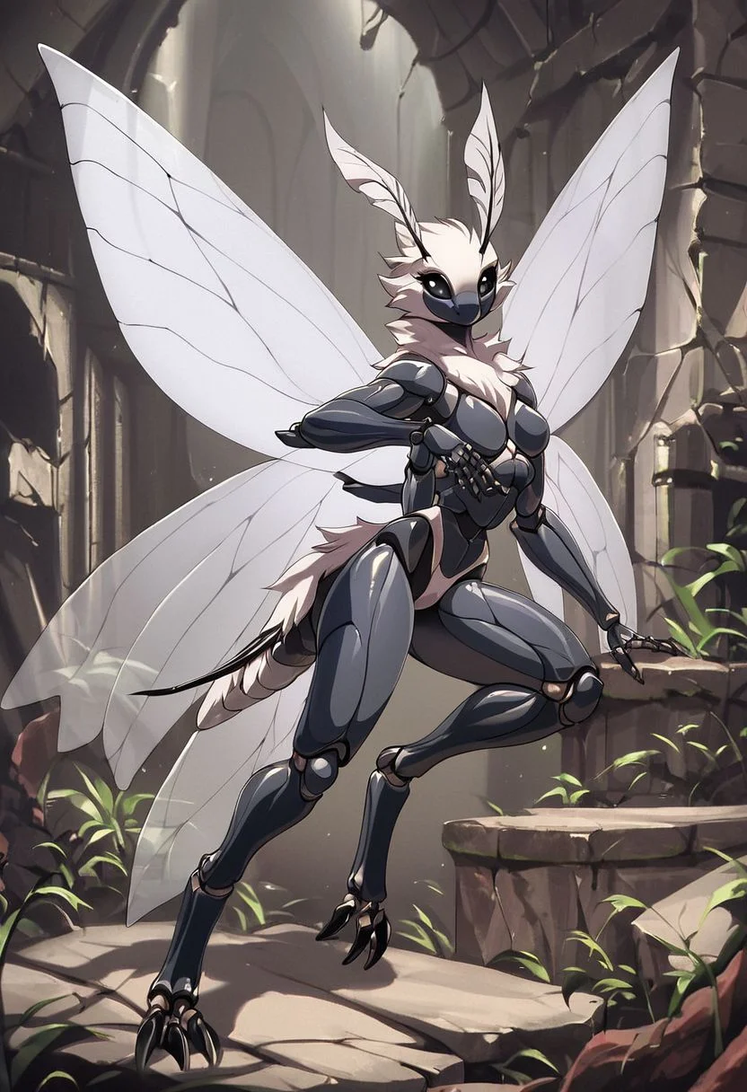 score_9, score_8_up, score_7_up, score_6_up, score_5_up, score_4_up, 
source_furry, rating_explicit, 
solo, female, 
brown and white body, fur, grey fur, fluffy, furred body,
short hair, white hair,
anthro, 
arthropod, insect, arthropod abdomen, black eyes, exoskeleton, joints
moth, lepidopteran, lepidopteran wings,
4 wings, multi wing, wings, 
2 antennae, antennae anatomy,
2 toes, toes, feet, digitigrade,
4 arms, 5 fingers, fingers, multi arm, 
smile, pose,
 ruins,
detailed background, digital art, hi res, detailed, fantasy art,
Vintage, 1990s \(style\), 90s4n1m3, retro artstyle