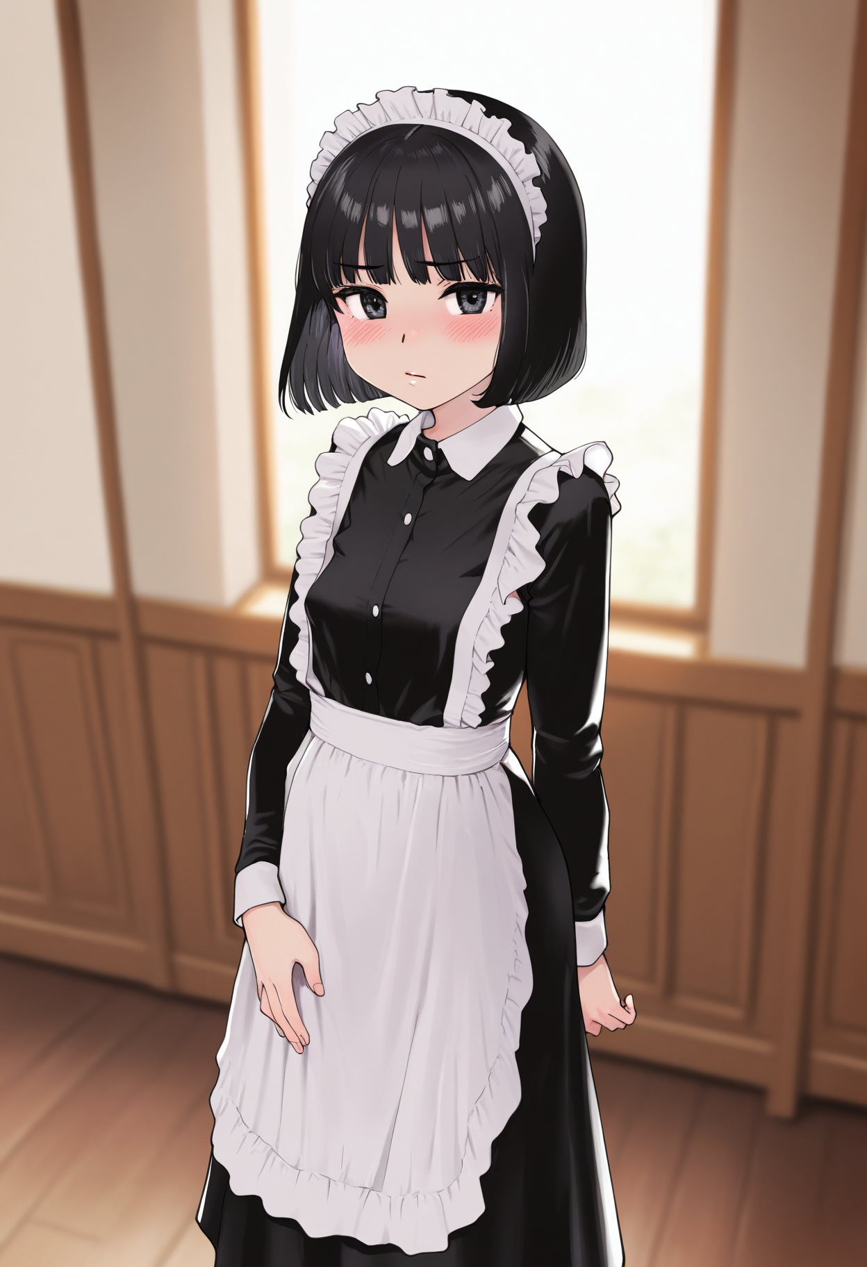masterpiece,best quality,amazing quality,
1girl, solo, maid headdress, maid, short hair, black hair, apron, looking at viewer, blush, maid apron, black eyes, white apron, long sleeves, bangs, dress, blurry, bob cut, closed mouth, black dress,
 <lora:Shiwasu_no_Okina:1>