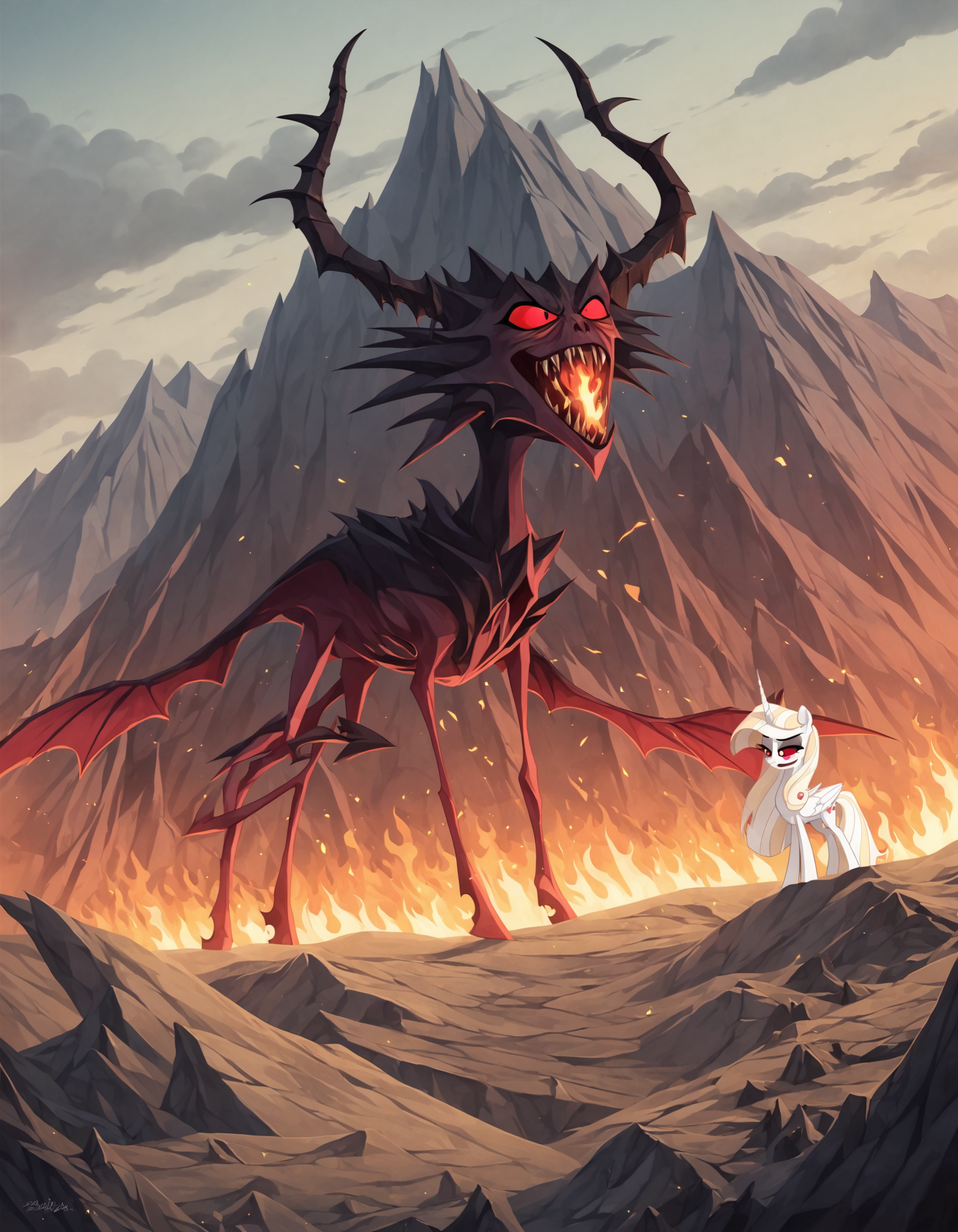 score_9, score_8_up, score_7_up, score_6_up, score_5_up, score_4_up, Lucifer Morningstar, high quality, extremely detailed, soft colors, beautiful, adorable, The devil himself riding a my little pony on a mountain, flames, underworld, outdoors, hellscape, source_pony , hazbin hotel vibes, feathered wings, devil horns, 666, violent, movie poster, DuskMovieXL