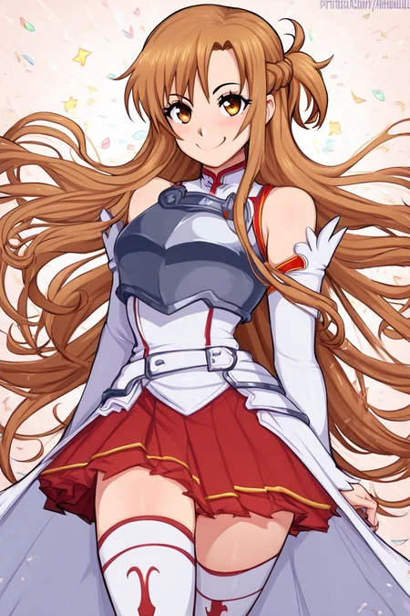 score_9, score_8_up, score_8, medium breasts, (curvy), cute, eyelashes, BREAK, , zzAsuna, asuna (sao), long hair, brown hair, brown eyes, braid, very long hair, thighhighs, bare shoulders, detached sleeves, armor, white thighhighs, breastplate, red skirt, <lora:Asuna_SAO_PDXL_v3:0.8>,, BREAK, <lora:Afrobull_PDXL_v4:0.8>, BREAK, smile, looking at viewer, closed mouth, cowboy shot, embedding:zPDXL, Expressiveh, <lora:SDXLFaeTastic2400:0.5>, <lora:Expressive_H-000001:0.4>,