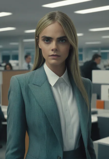 closeup cinematic still of (cara Delevingne:0.6) in a office with a suit on