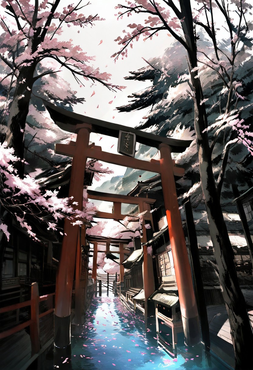 masterpiece, best quality, illustration, tekito midori, 1girl, solo, long hair, very long hair, water, tree, petals, cherry blossoms, scenery, torii
