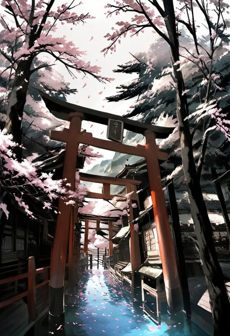 masterpiece, best quality, illustration, tekito midori, 1girl, solo, long hair, very long hair, water, tree, petals, cherry blossoms, scenery, torii