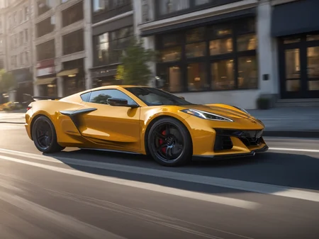 cvttz06 car, right view,down the road in the city, busy street shops on the background, complete car, motion blur, 8k, uhd, golden hour ,glints <lora:cvttz06_car_t12_SDXL-000010:0.7>