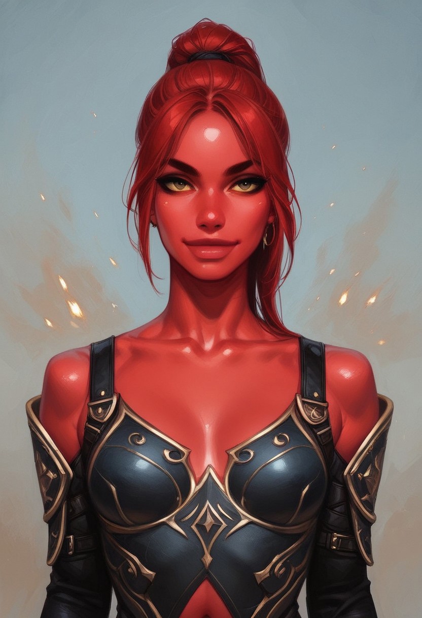 score_9,score_8,score_7,source_anime, rating_safe, colorful, 1girl, blond hair, ponytail, small breasts, red body armor,bare shoulders, collarbone, navel, (holding sword:1.5), wind, (red skin:1.5)
evil smile,
(upper body:1.5),
front view,
from below,
looking at viewer, battle field, explosion, smoke, standing, dynamic  pose, <lora:Expressive_H:1>expressiveh <lora:m4a1:1> anime, m4a1
((full-clothed))
BREAK 
strange world background score_9, score_8_up, score_7_up, score_6_up, source_cartoon, rating_explicit, Expressiveh, (((((uppper body))))), dynamic pose