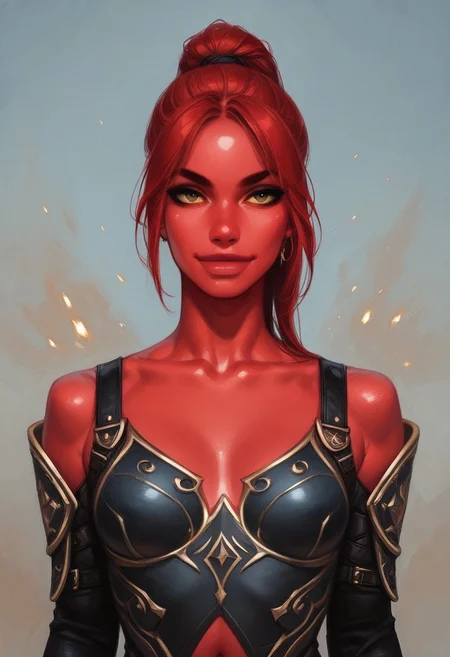score_9,score_8,score_7,source_anime, rating_safe, colorful, 1girl, blond hair, ponytail, small breasts, red body armor,bare shoulders, collarbone, navel, (holding sword:1.5), wind, (red skin:1.5)
evil smile,
(upper body:1.5),
front view,
from below,
looking at viewer, battle field, explosion, smoke, standing, dynamic pose, <lora:Expressive_H:1>expressiveh <lora:m4a1:1> anime, m4a1
((full-clothed))
BREAK
strange world background score_9, score_8_up, score_7_up, score_6_up, source_cartoon, rating_explicit, Expressiveh, (((((uppper body))))), dynamic pose