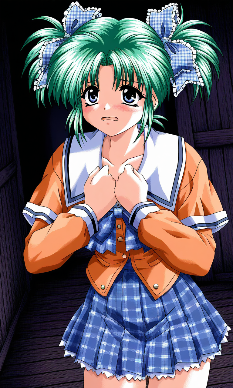general,highres, ultra-detailed,very aesthetic,best quality ,best hands, BREAK <lora:Minase_Ruka_Akumu_AoiKajitsunoSange_IS:1>
Minase_Ruka, 1girl, solo, green hair, short twintails, blue eyes, hair ribbon, blue plaid ribbon, 
school uniform, ribbon, orange sleeve, embarrassed+afraid,
outdoors,hands on own chest,, plaid skirt, plaid bow, long sleeves, serafuku, 
wood room, dark room,
