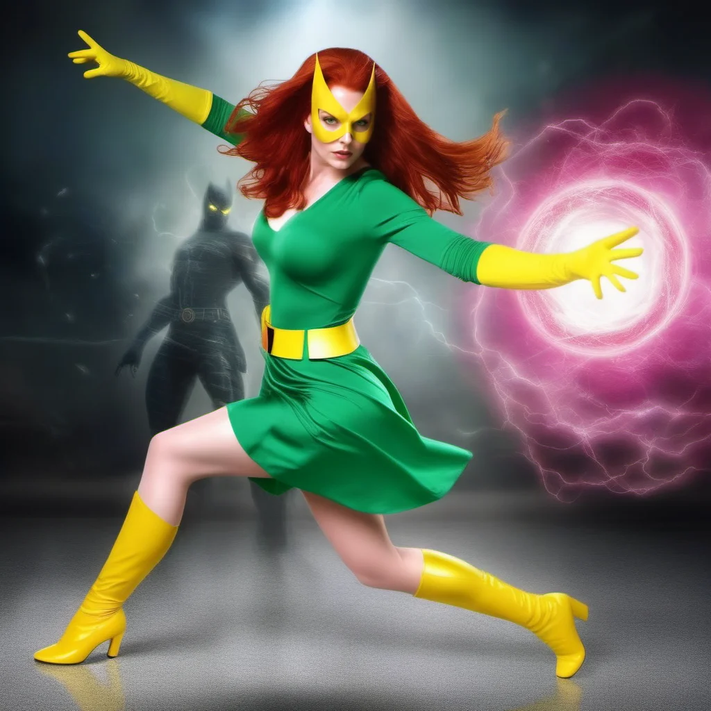 HDR photo of a full body redhead woman wears a green dress and a yellow mask and yellow highboots, powerfull superhero, casting a powerfull spell, dramatic pink ball energy from hands <lora:MarvelGirl1024:0.8> . High dynamic range, vivid, rich details, clear shadows and highlights, realistic, intense, enhanced contrast, highly detailed