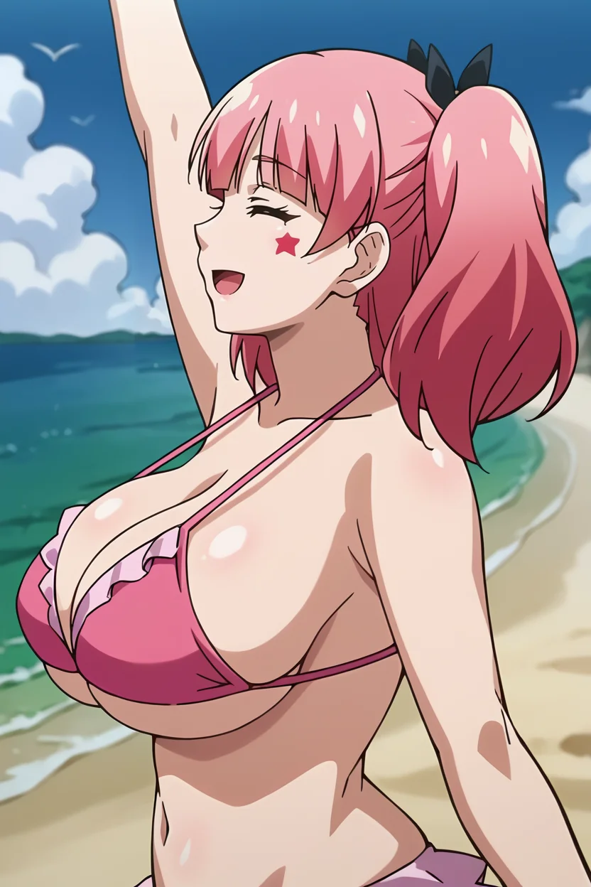 score_9, score_8_up, score_7_up, score_6_up, source_anime, BREAK 1girl  <lora:fujinokinene-pdxl-nvwls-v1:1> fujinoki nene, pink hair, twintails, star facial tattoo, pink bikini, frills, beach, (large breasts:1.1), profile, waving, raised arm, happy, closed eyes