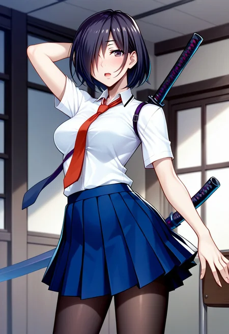 score_9,score_8_up,score_7_up,source_anime, Shishimura Koro,1girl,solo,breasts,looking at viewer,blush,open mouth,skirt,shirt,medium breasts,school uniform,standing,white shirt,weapon,short sleeves,pantyhose,cowboy shot,pleated skirt,necktie,collared shirt,sword,blue skirt,black pantyhose,katana,red necktie,sheath,sheathed,weapon on back,