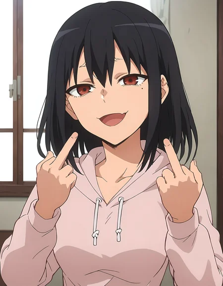 score_9, score_8_up, score_7_up, score_6_up, score_5_up, score_4_up, source_anime, <lora:Anetoro_T2V2:0.85>,
1girl, solo,  anime screencap,
Anetoro_T2V2, black hair, medium hair, hair between eyes, sidelocks, brown eyes, red eyes, medium breasts,
pink hoodie, hood down, long sleeves, collarbone, drawstring,
hands up, double middle finger,
looking at viewer, smug, open mouth, :3,
indoors, upper body,