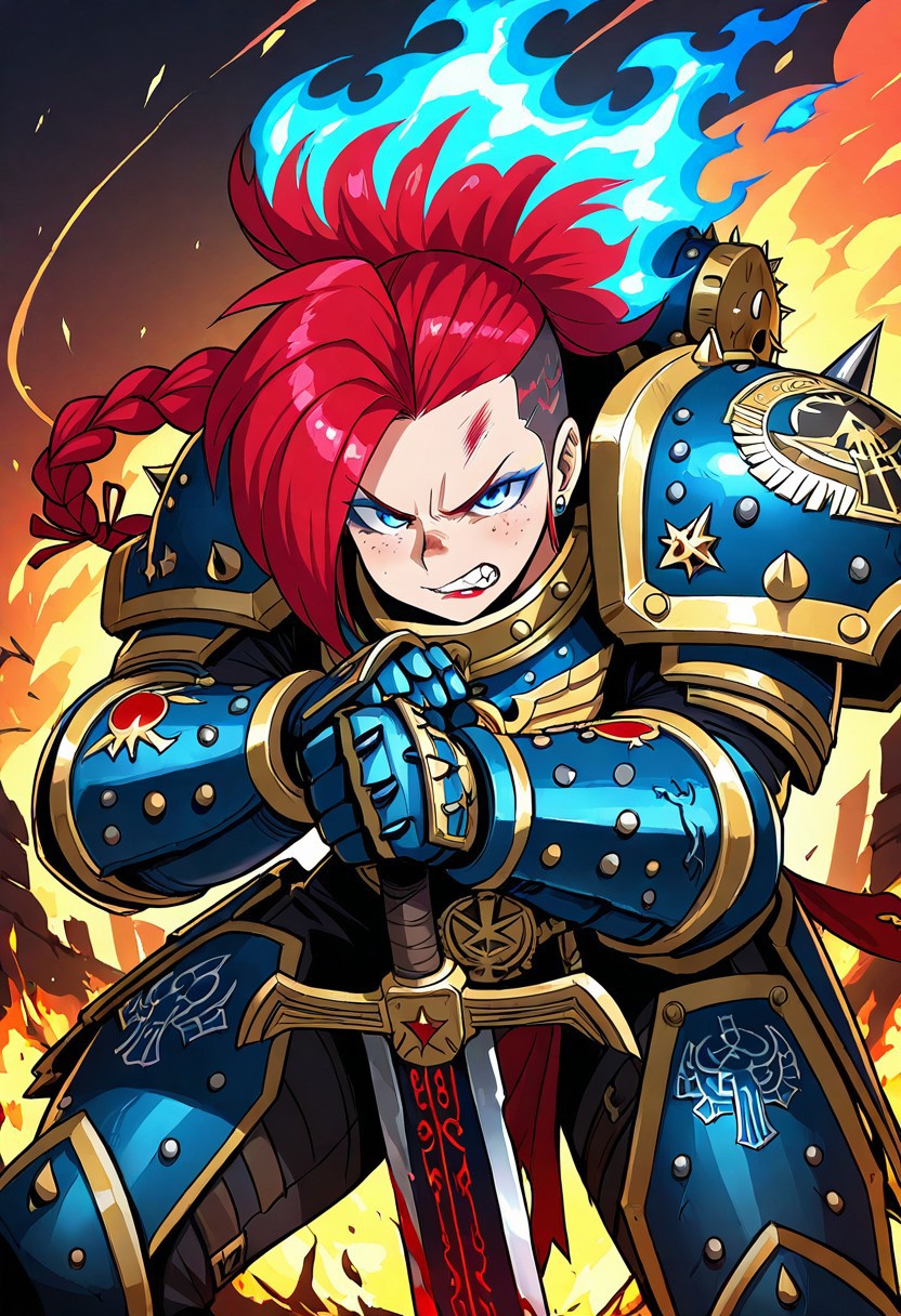 (masterpiece, best quality, ultra-detailed:1.4), 1girl,  
(undercut long half-shaved hair:1.3), (asymmetrical fiery red hair with crested waves:1.3),  
(sharp blue eyes with piercing gaze:1.2), (light freckles across nose and cheeks:1.1),  
(asymmetrical bangs swept to one side:1.2), (braided ponytail with battle-worn ribbons:1.2),  
(colored eyelashes with metallic blue highlights:1.1), (smoky blue eyeshadow:1.2),  
(glossy dark lipstick with a hint of smirk:1.1), (slightly sharpened teeth:1.1),  
(warhammer armor with engraved battle runes:1.4), (jagged spiked pauldrons:1.3),  
(massive two-handed sword with glowing edge:1.4), (scuffed gauntlets with blood splatter:1.2),  
(annoyed battle-ready expression:1.3), (clenched teeth with visible frustration:1.2),  
(dynamic side-angle combat stance:1.3), (burning battlefield with crumbling ruins:1.3),  
(cinematic rim lighting casting dramatic shadows:1.4), (volumetric fire glow:1.2),  
(soft shadows enhancing depth:1.2), (floating embers and smoke trails:1.1),  
(slight motion blur on swinging sword:1.1)