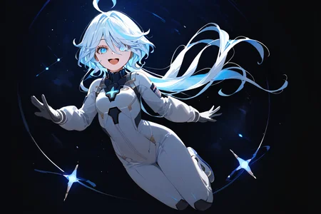 <lora:Dishwasher-Style-v2:0.75> <lora:FreeStyle-v1-PDXL:0.6>
score_9, score_8_up, score_7_up,
cinematic lighting, masterpiece, 1girl,
(full body shot:1.3),
<lora:genshinimpact_furina_ponyXL:0.8> furinadef, ahoge, glowing hair,
<lora:FurinaEyes_PDXL:1.0> (heterochromia:1.2), blue eyes, light blue eyes, glowing eyes,
looking at viewer, (floating on space:1.2), floating,
space, star, black background,
open mouth, smile,
<lora:spacesuit3:1.2> spacesuit, gloves, astronaut,
<lora:thickline_fp16:1> clean outline