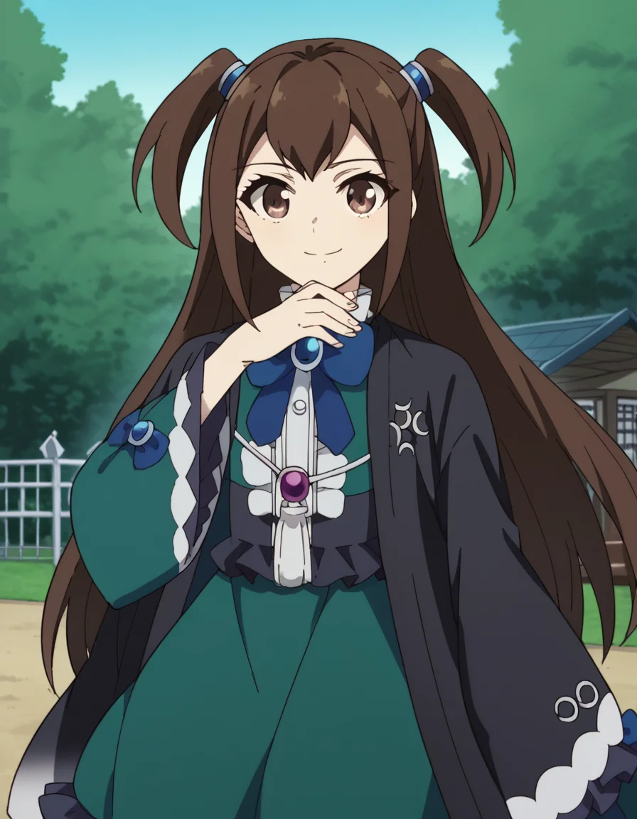 score_9, score_8_up, score_7_up, source_anime, <lora:kizuna-kazayama-s2-ponyxl-lora-nochekaiser:1>, kizuna kazayama, long hair, brown hair, brown eyes, two side up,, long sleeves, dress, bow, frills, wide sleeves, bowtie, cape, blue bow, brooch, green dress, black cape,, gazebo, park, shelter, outdoors, wooden, smile, <lora:gendou-pose-ponyxl-lora-nochekaiser:1>, gendou pose, own hands clasped, own hands together, parody,, looking at viewer, solo,, dutch angle, cowboy shot