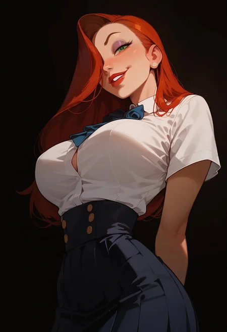 score_9, score_8_up, score_8. score_9, score_8_up, score_7_up, score_6_up, masterpiece, 4k, high quality, (best quality:1.1), ExpressiveH, close up, from below
1girl, solo, jessica rabbit, red hair, hair over right eye, green eyes, large breasts, school uniform, shirt, skirt, standing, smiling, looking at viewer, hands behind back, mischievous smile
BREAK
black background