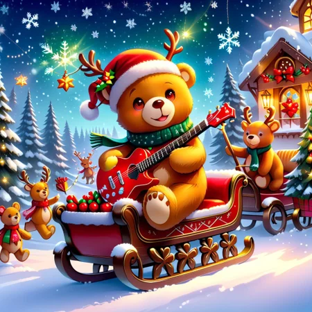 xmastedx,Festive,(masterpiece, best quality:1.2), holiday teddy bears, electric guitars, sleigh ride, parade leaders, winter wonderland, teddy bears with colorful scarves, playing electric guitars while riding a sleigh through a snow - covered forest, leading a winter parade with reindeer and elves following, snowflakes gently falling, bright holiday lights strung up in the trees, festive music in the air, creating a magical and cheerful atmosphere.