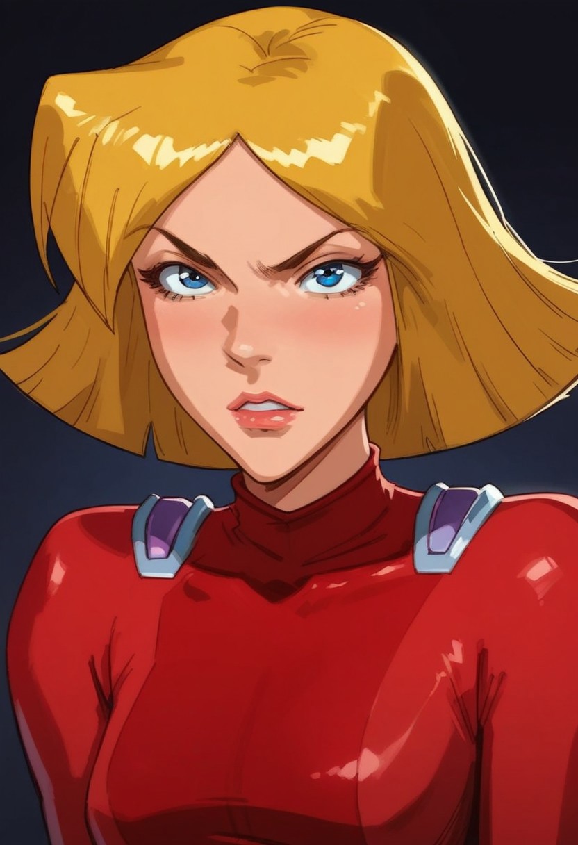 masterpiece,best quality, highly detailed, score_9, score_8_up, score_7_up, score_6_up, source_cartoon, BREAK, 1 girl, cloverts, \(totally spies\), blonde hair, blue eyes, red bodysuit,