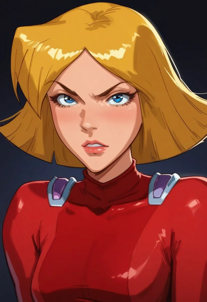 masterpiece,best quality, highly detailed, score_9, score_8_up, score_7_up, score_6_up, source_cartoon, BREAK, 1 girl, cloverts, \(totally spies\), blonde hair, blue eyes, red bodysuit,