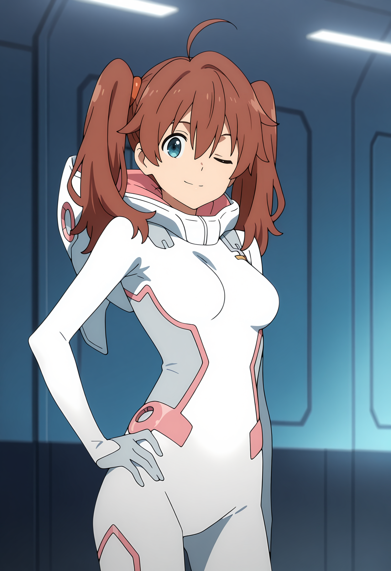 anime screencap, masterpiece, best quality,
<lora:DarlingInTheFranxx_Miku_IlluXL:0.9>,
1girl, solo, closed mouth, light smile, one eye closed,
twintails, hair between eyes, ahoge, long hair, brown hair, blue eyes, hair tie,
white bodysuit, hood, pink trim, skin tight,
hand on own hip, standing, looking at viewer, cowboy shot,
indoors, science fiction, blurry background