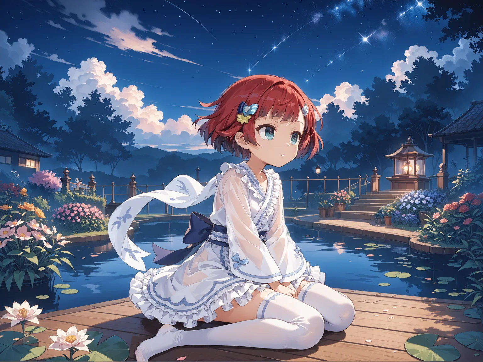 score_max, (score_9, score_8_up, score_7_up:1.0), score_6_up, official art,
, masterpiece, absurdres, high detail, 8k,
night, starry sky, milky way, outdoors, wooden floor, garden, pond, from side,
sitting, swinging legs, looking up, looking to the sky, expressionless, parted lips, v arms,
xxxx, jigita, red hair, short hair, hair ornament, white dress, frilled dress, long sleeves, bow, frills, wide sleeves, layered skirt, white thighhighs, shawl, hagoromo, see-through
<lora:XL_Pony_gomaotsu-digitalis-t1:0.9>