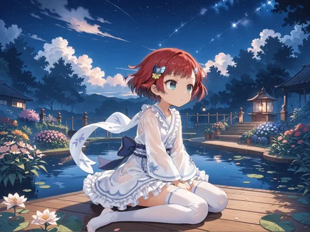 score_max, (score_9, score_8_up, score_7_up:1.0), score_6_up, official art,
, masterpiece, absurdres, high detail, 8k,
night, starry sky, milky way, outdoors, wooden floor, garden, pond, from side,
sitting, swinging legs, looking up, looking to the sky, expressionless, parted lips, v arms,
xxxx, jigita, red hair, short hair, hair ornament, white dress, frilled dress, long sleeves, bow, frills, wide sleeves, layered skirt, white thighhighs, shawl, hagoromo, see-through
<lora:XL_Pony_gomaotsu-digitalis-t1:0.9>