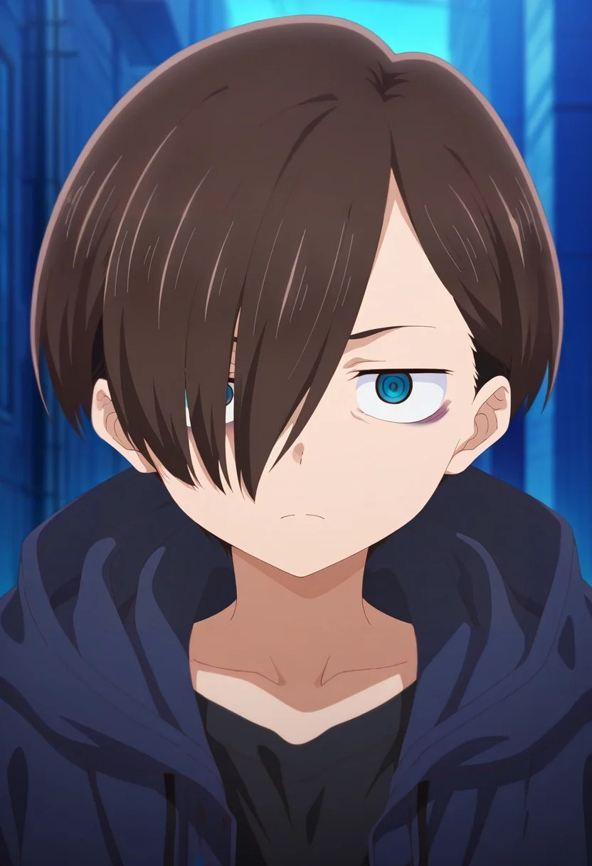 masterpiece, best quality, , anime screencap, , , looking at viewer, 1boy, solo, male focus, <lora:kyoutarou_ichikawa_ilxl:0.92>, kyoutarou_ichikawa, brown hair, blue eyes, short hair, hair over one eye, bangs, , zombie hunter costume