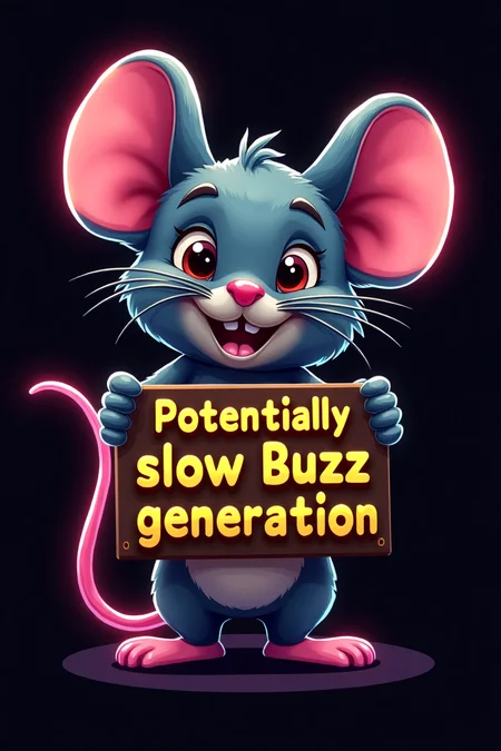 1 cute mouse hold sing with text "Potentially slow Buzz generation" gold letters, cool colours, (black background), ((neon rainbow outlines)), text focus. text "Potentially slow Buzz generation".