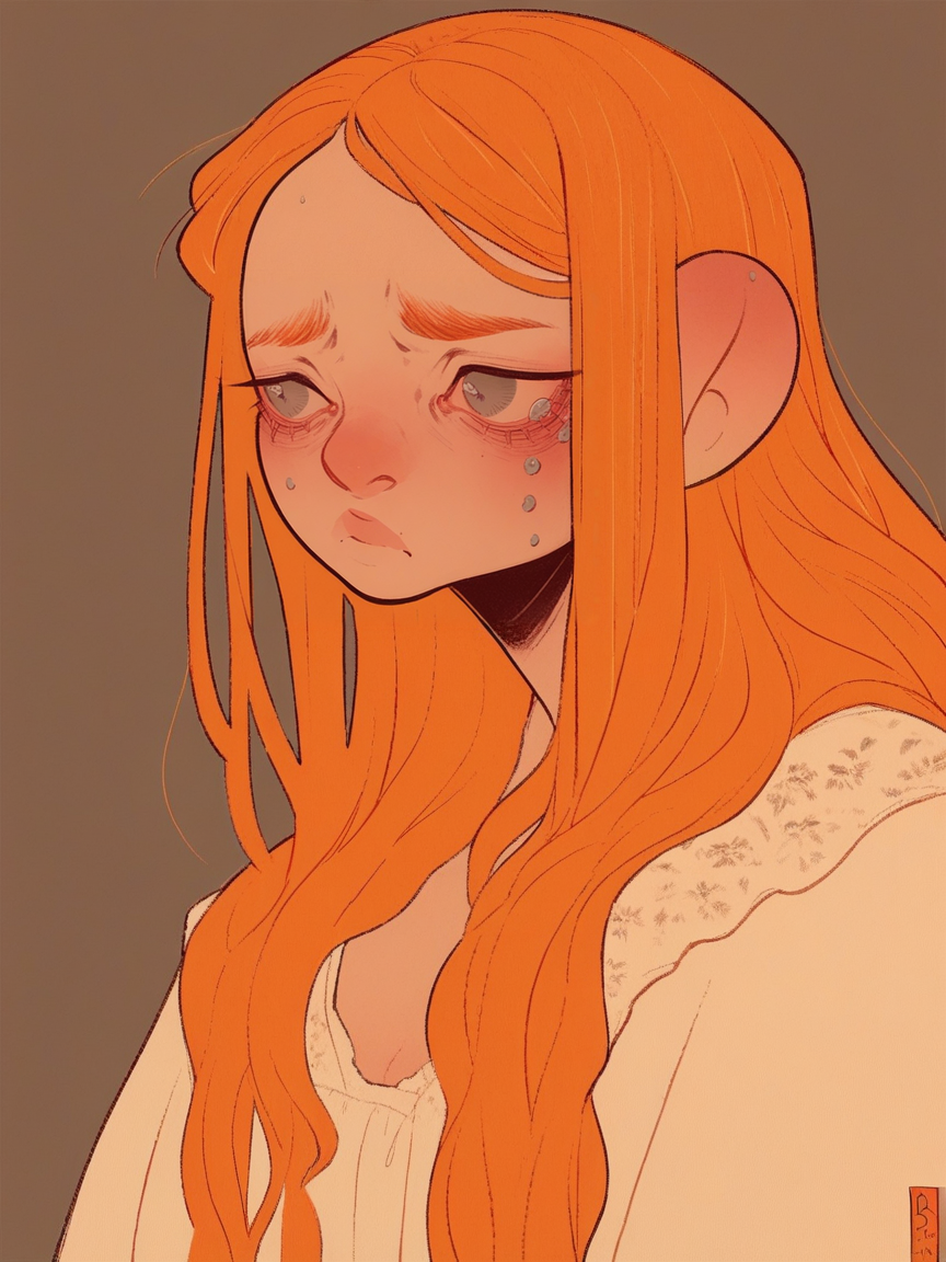 score_9, score_8_up, score_7_up, score_6_up, score_5_up,  <lora:BSXLP:1> bs, 1girl, orange hair, long hair, grey eyes, sad