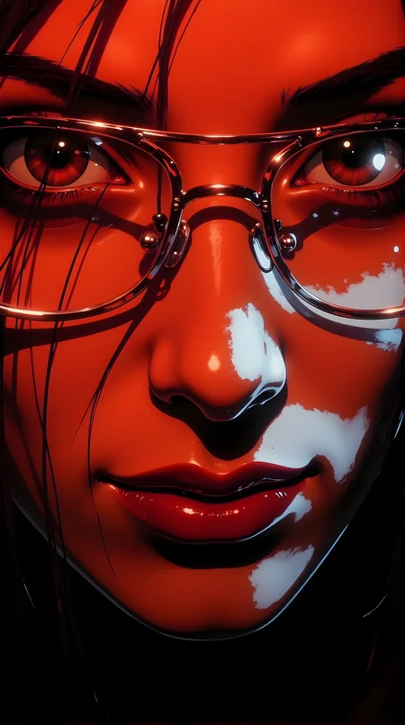 A highly detailed and stylized illustration of a woman's face. The artwork is characterized by its bold use of color and dramatic lighting, with a strong red hue dominating the scene. The woman has large, expressive eyes that are accentuated by her glasses, which have a reflective quality.
Her lips are painted a vivid red, matching the overall color scheme of the image, and they appear slightly parted, adding to the intensity of her expression. The shading and highlights on her face create a three-dimensional effect, giving the illustration a sense of depth and realism.
The background is dark, which makes the subject stand out even more prominently. The overall style of the image is reminiscent of anime or manga art, with clean lines and a focus on striking visual elements. The composition is centered on the woman's face, drawing the viewer's attention directly to her intense gaze.
j_art, anime, anime art, <lora:FLUX\jul\J_Anime:1.0>, <lora:FLUX\Anime Art V3:0.1>, <lora:FLUX\RM_Artistify_v1.0M:0.1>, <lora:FLUX\RetroAnimeS1.1:0.1>