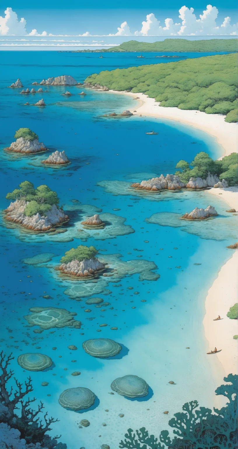 A pristine beach with coral reefs and clear waters, untouched by human hands, coral and aqua, the coral paradise, in the style of Jean Giraud, in the style of Moebius.