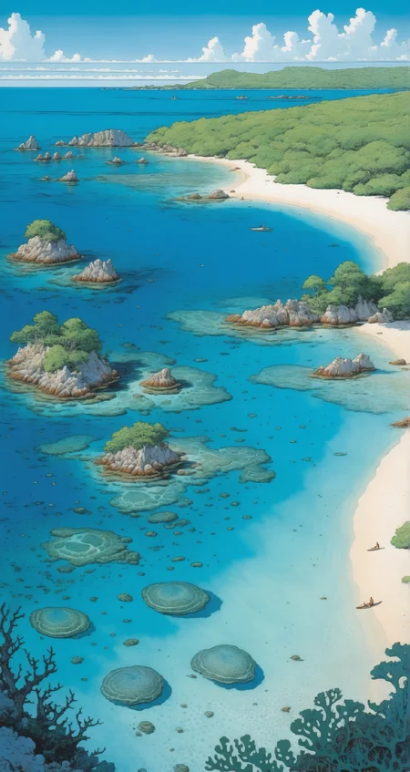A pristine beach with coral reefs and clear waters, untouched by human hands, coral and aqua, the coral paradise, in the style of Jean Giraud, in the style of Moebius.