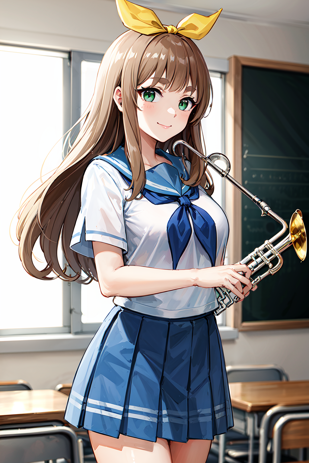 masterpiece, best quality, highres, yuuko1, 1girl, solo, school uniform, green eyes, long hair, neckerchief, pleated skirt, brown hair, blue skirt, blue neckerchief, yellow_hair_ribbon, short sleeves, white shirt, blue sailor collar, bangs, eyebrows, <lora:yoshikawa_yuuko_v1:0.6>, cowboy shot, classroom, smile, (holding trumpet:1.2),