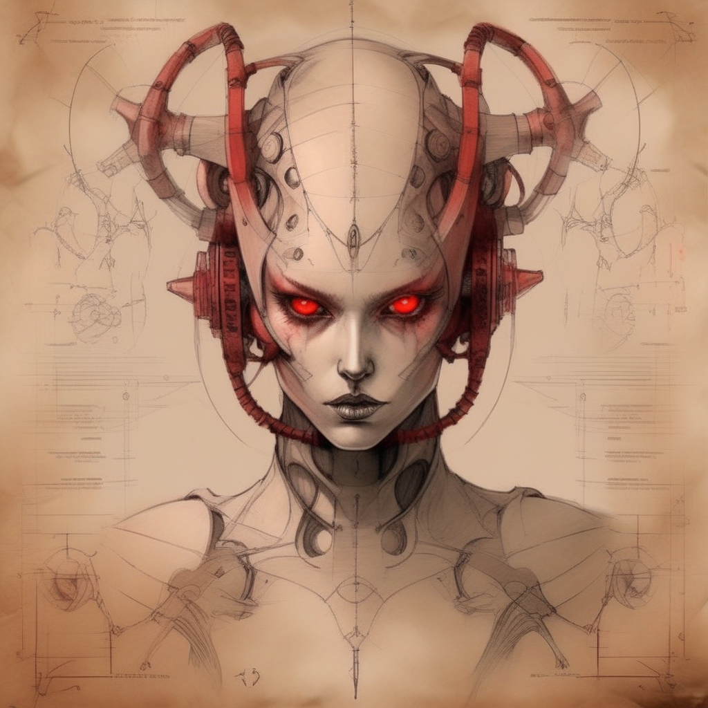 futscribe futuristic demonic girl red eye technical sketch old paper<lora:futscribe:1>