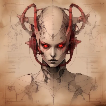 futscribe futuristic demonic girl red eye technical sketch old paper<lora:futscribe:1>