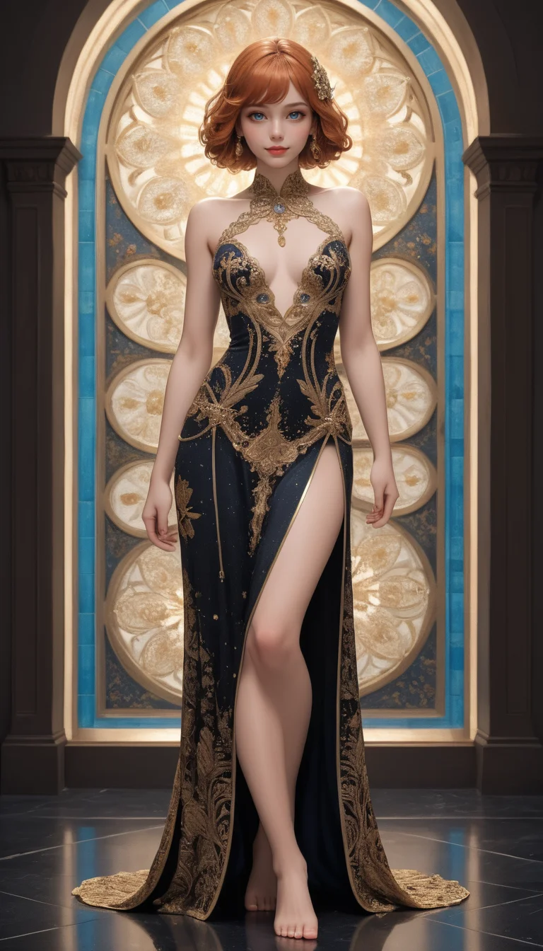 Full Body Shot, girl, adult, cute, seductive, innocent, light smile:0.3, plump lips, slender body, barefoot, with long brown hair and red hair, in the style of dark sky-blue and light orange, intricate costumes, light gold and white, harmonious color palette, vibrant, art nouveau, depth of field, dynamic angle, fashion photography, sharp, hyperdetailed:1.15, 4n1v3rs3