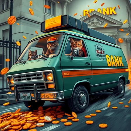 Ultra realistic. BIG BANK CLASSIC STYLE, 2 CATS THIEFS WITH CAP DRIVING  aN oversized old 80s van, the van is kicking up ORANGE COINS BEHIND as it speeds away with it's front wheels turned. The van has an "BIG BUZZ ROBERY" logo on it's side. The van is pulling out of the gate of the BANK, MANY TICKETS WITH ORANGE LIGHTING DRAW FLYING, three-quarters view, intricate details