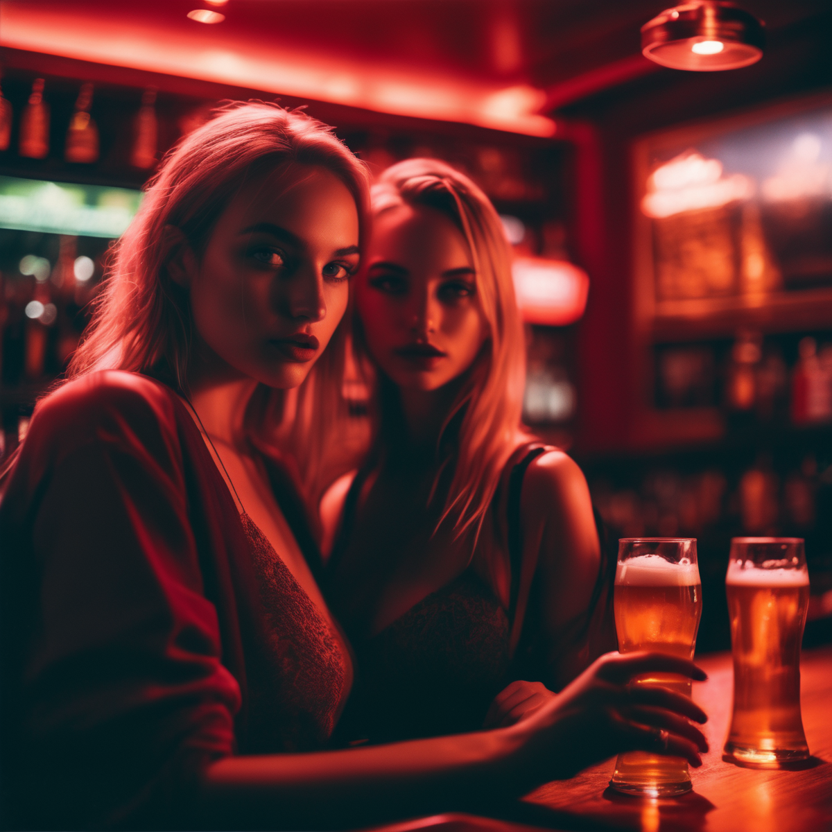 velumia close up straight-on portrait at a tablein the bar with beer, two very sexy girls at night, cinematic, professional photo, very detailed red light <lora:velumia:1>