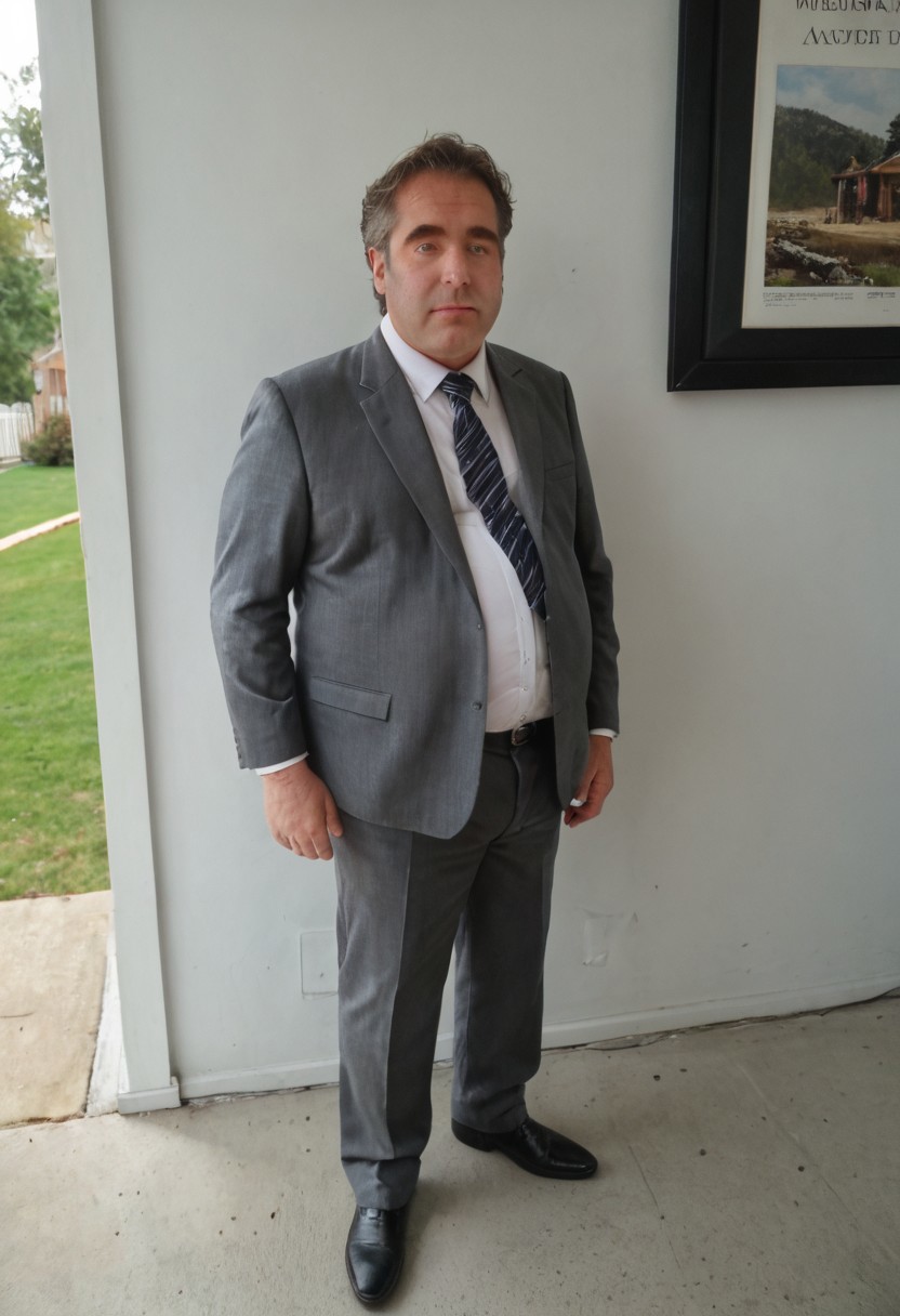 masterpiece, best quality, newest, absurdres, highres, photo, realistic style, full body picture, outside, 1boy, Tubby, fat man hairy man, brunette, green eyes, wearing a suit