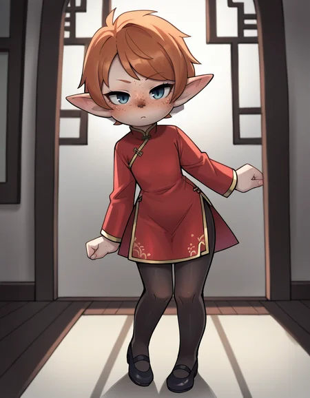 score_9, score_8_up, score_7_up, score_6_up, score_5_up, score_4_up, solo, solo,
<lora:Jizoku_v0-2-20:0.8> jizoku, chinese dress, pantyhose, flats, <lora:Popipi_v1:0.6> popipi, (lalafell), blue eyes, dark nose, freckles, orange hair, short hair, pointy ears, swept bangs,